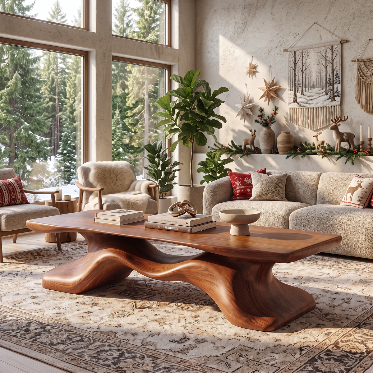 Coffee Table Solid Wood with Sculptural Flowing Bridge Base