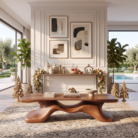 Coffee Table Solid Wood with Sculptural Flowing Bridge Base