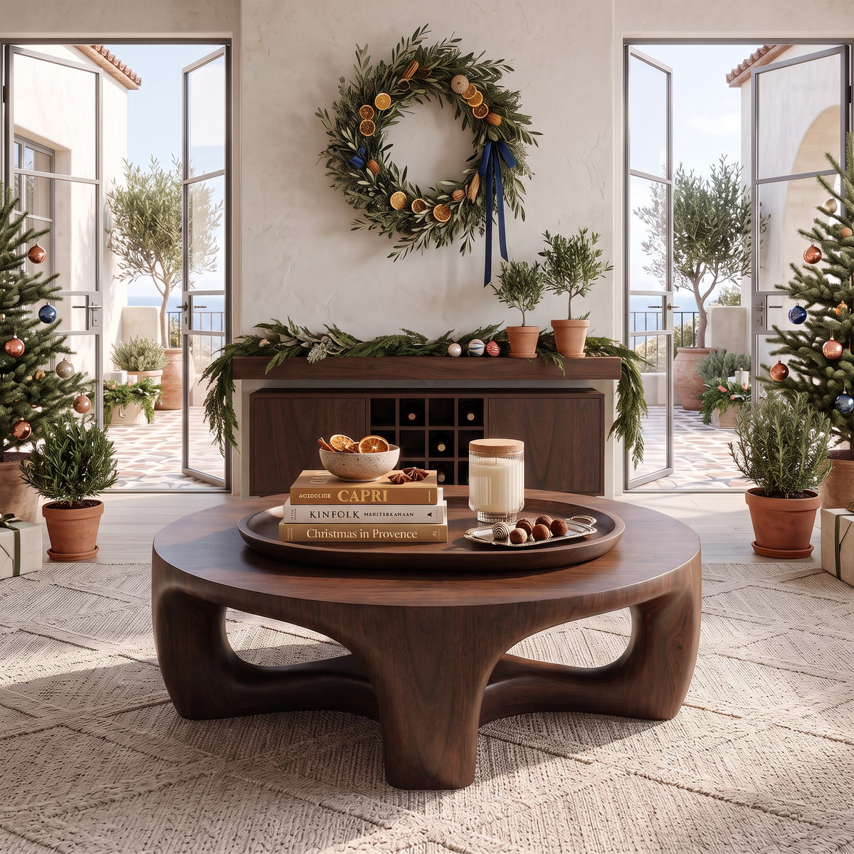 Round Solid Wood Coffee Table with Sculptural Open Base