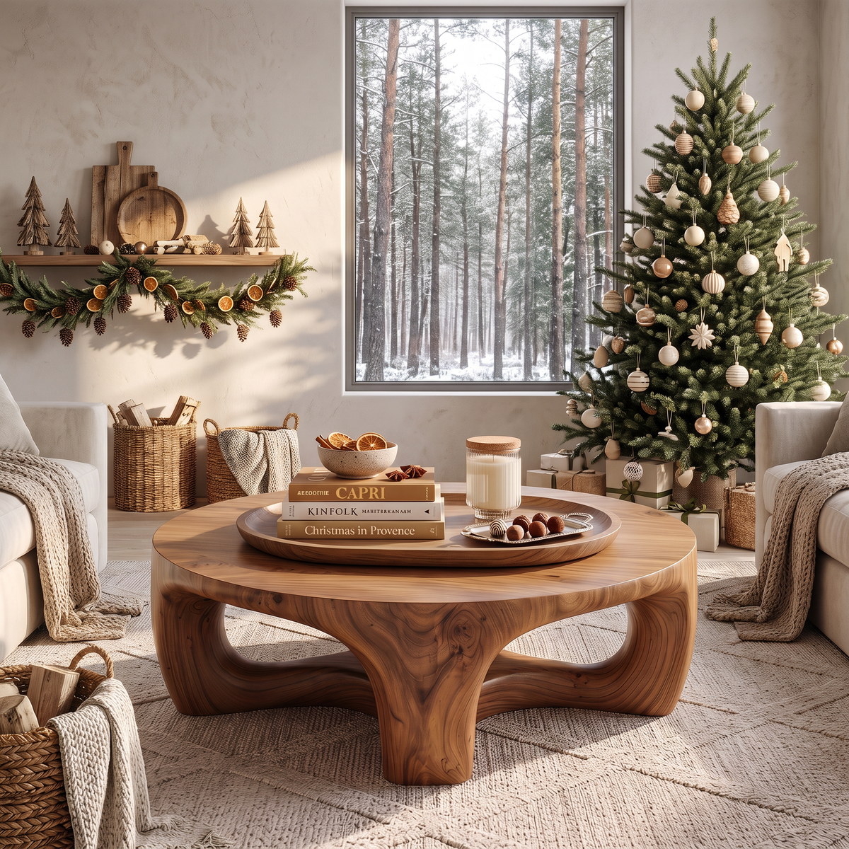 Round Solid Wood Coffee Table with Sculptural Open Base