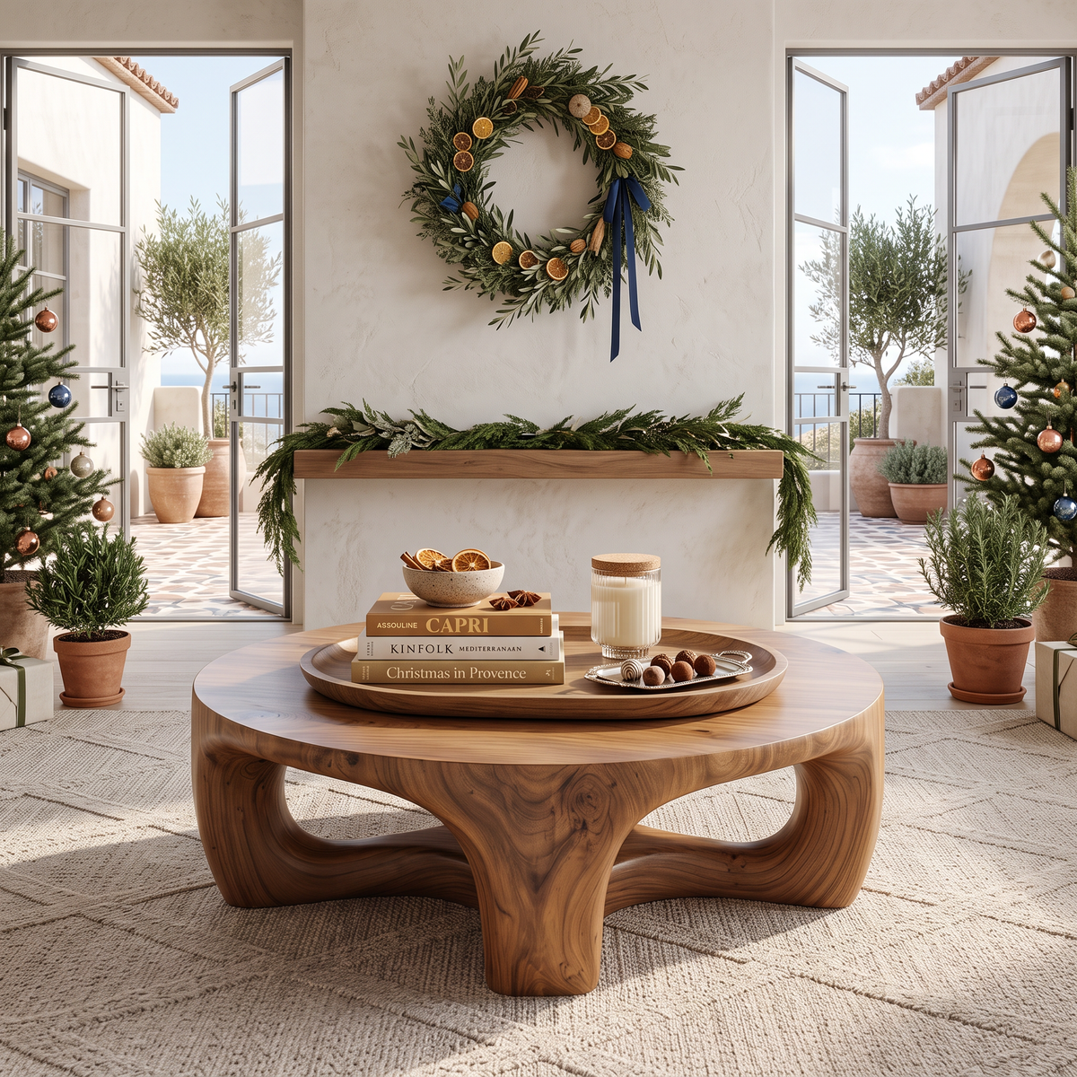 Round Solid Wood Coffee Table with Sculptural Open Base