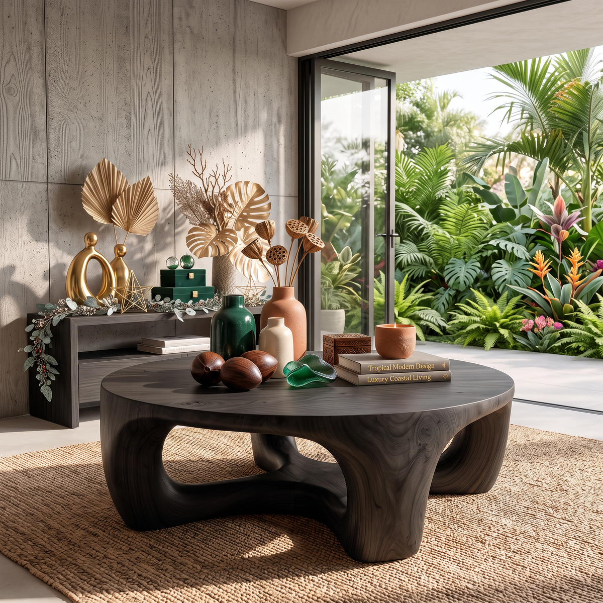 Round Solid Wood Coffee Table with Sculptural Open Base