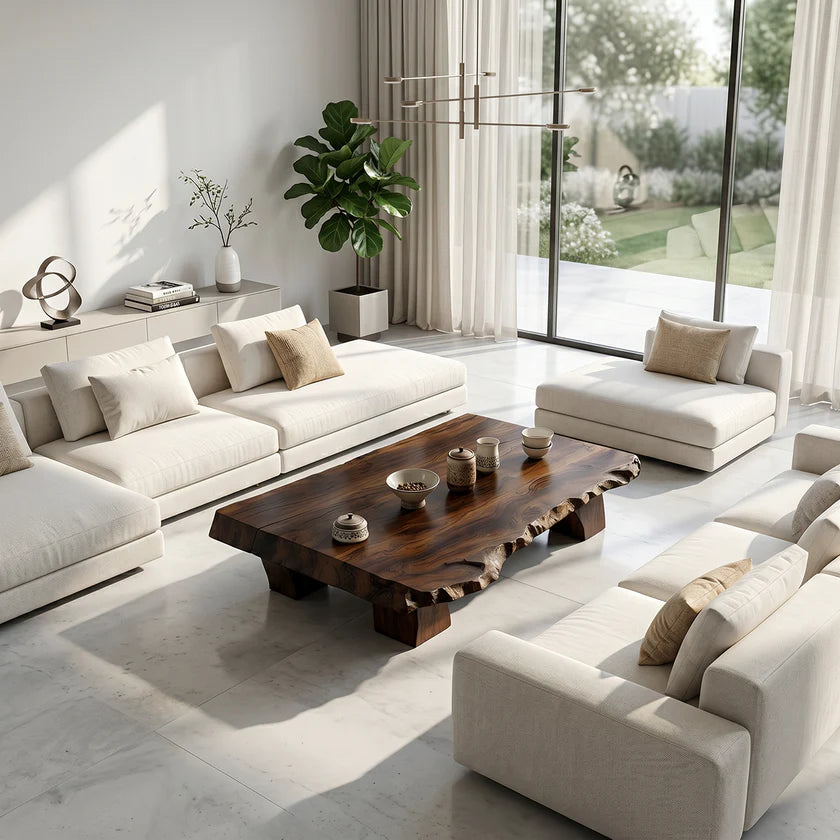 Low Solid-Wood Coffee Table with Textured Edge for Tea Lounges