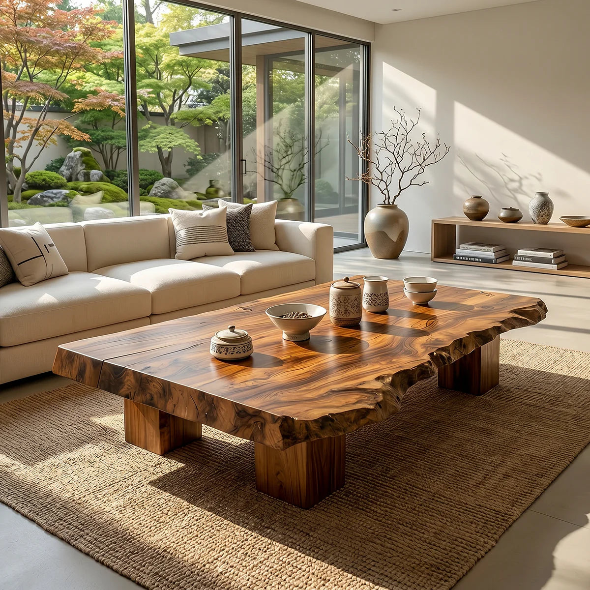 Low Solid-Wood Coffee Table with Textured Edge for Tea Lounges