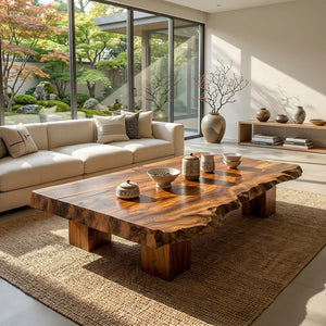 Low Solid-Wood Coffee Table with Textured Edge for Tea Lounges