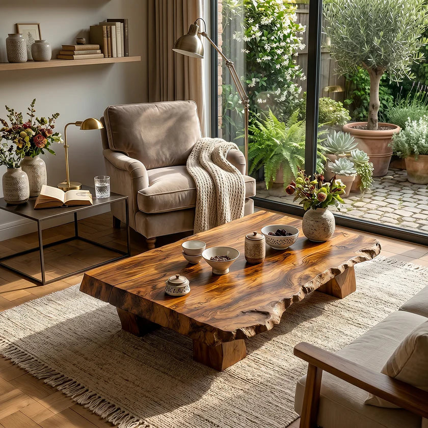 Low Solid-Wood Coffee Table with Textured Edge for Tea Lounges