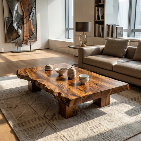 Low Solid-Wood Coffee Table with Textured Edge for Tea Lounges