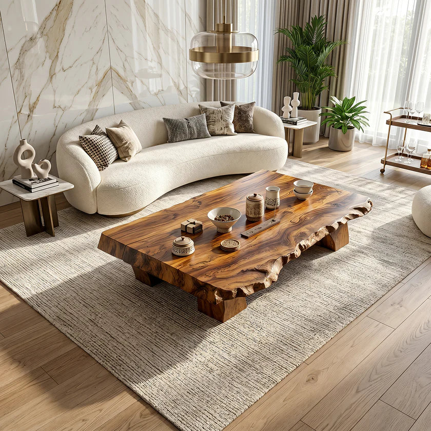 Low Solid-Wood Coffee Table with Textured Edge for Tea Lounges
