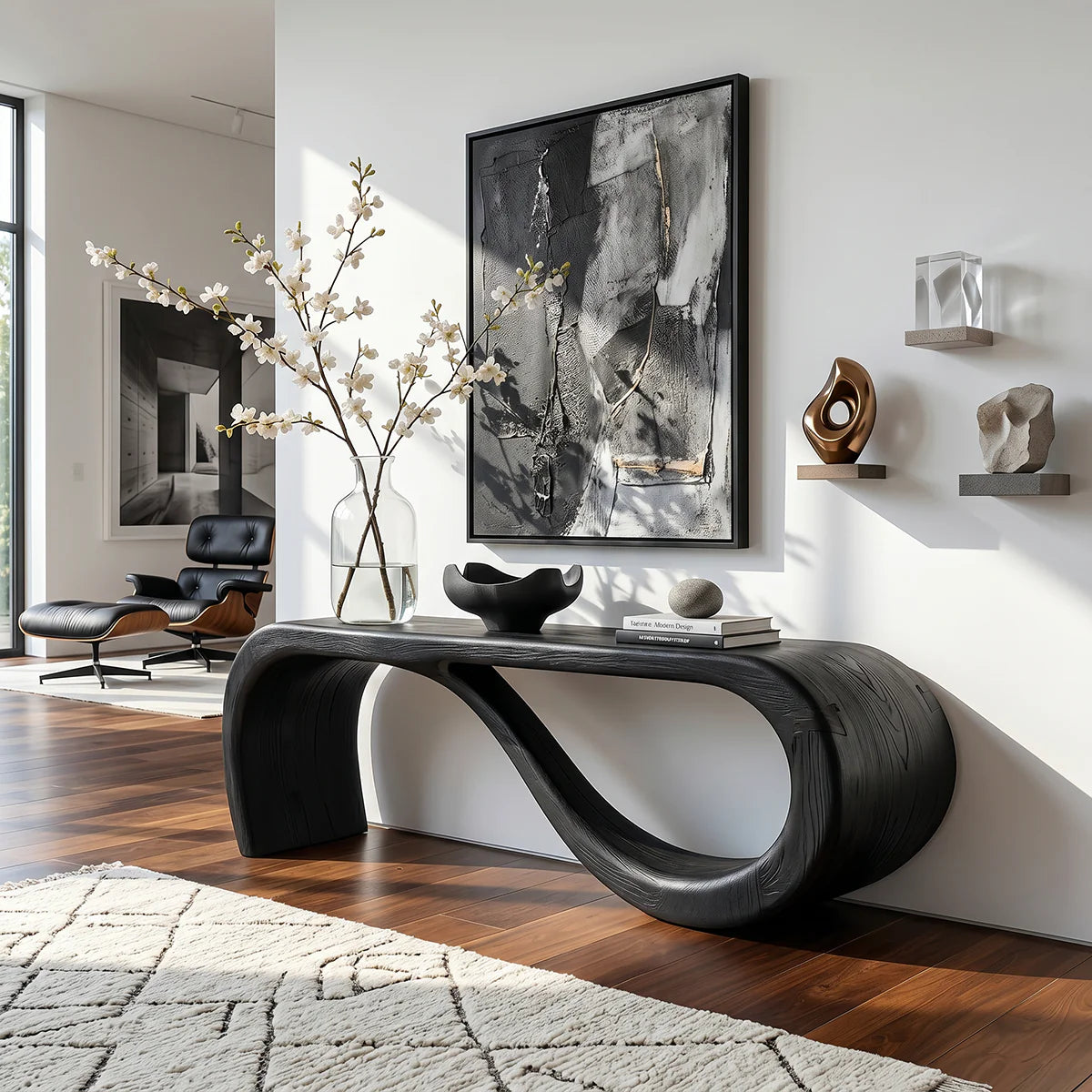 Organic Loop Solid Wood Console Table with Sculptural Curved Base
