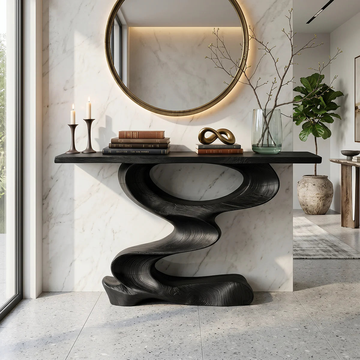 Organic Curved Solid Wood Console Table with Sculptural Z Base