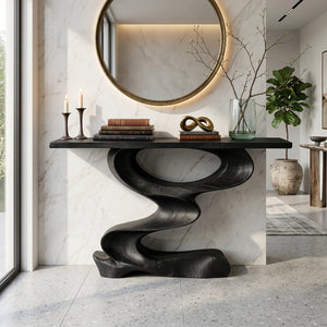 Organic Curved Solid Wood Console Table with Sculptural Z Base