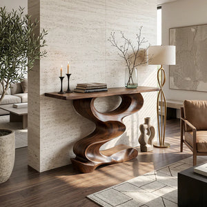 Organic Curved Solid Wood Console Table with Sculptural Z Base