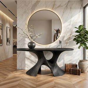 Luxury Sculptural Solid Wood Console Table with Artistic Double Pedestal Base