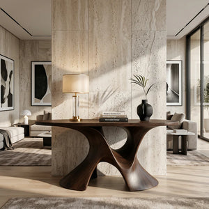 Luxury Sculptural Solid Wood Console Table with Artistic Double Pedestal Base
