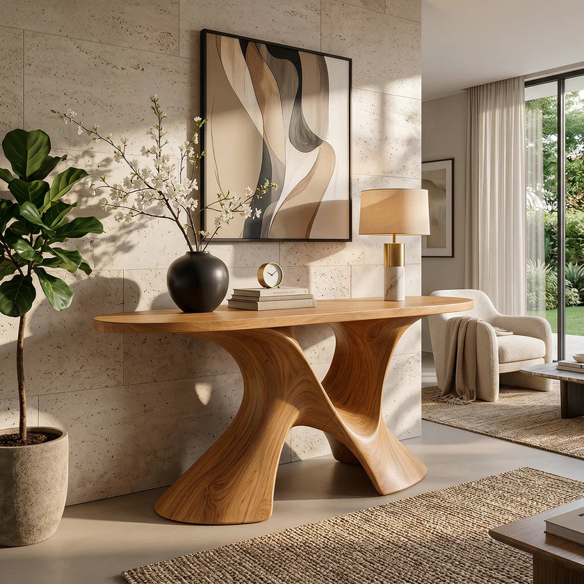 Luxury Sculptural Solid Wood Console Table with Artistic Double Pedestal Base