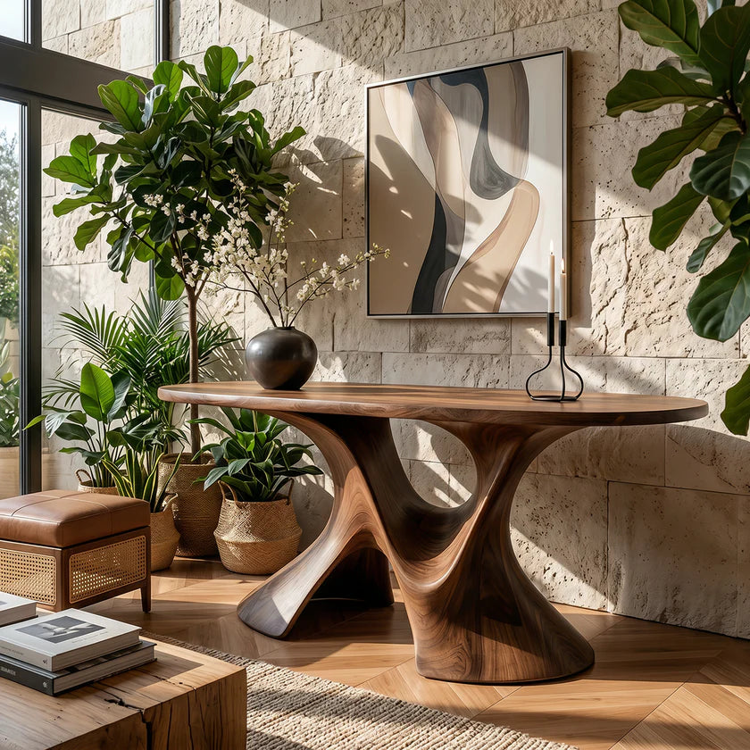 Luxury Sculptural Solid Wood Console Table with Artistic Double Pedestal Base