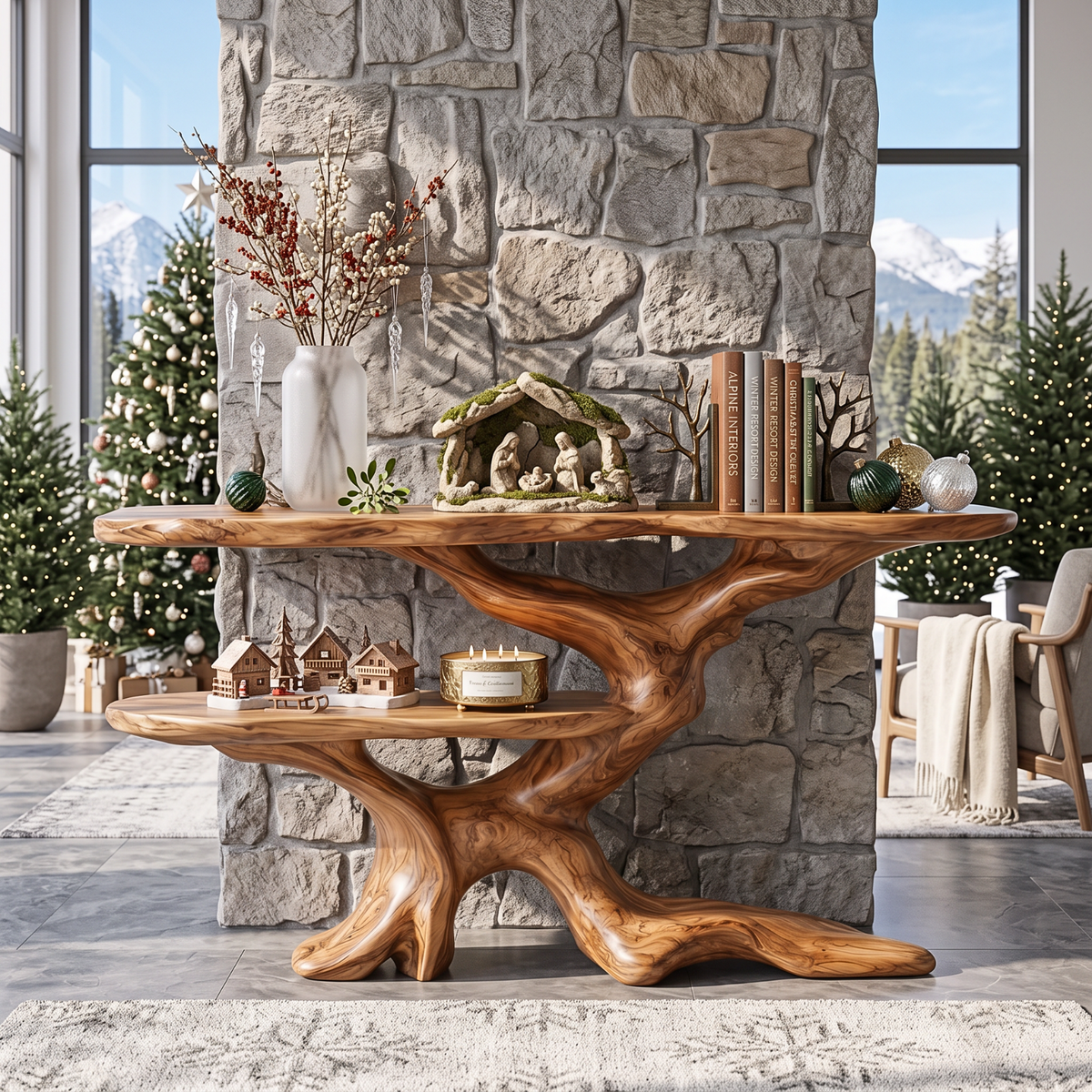 Console Table Solid Wood with Sculptural Branching Two Tier Base for Entryway Decor