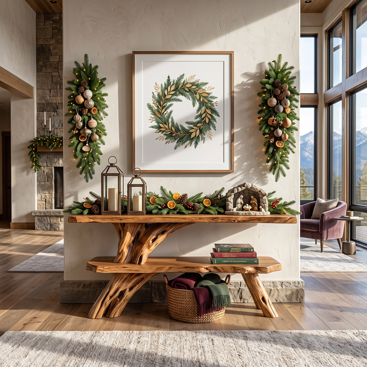 Organic Wooden Console Table Handmade Rustic Display Shelf