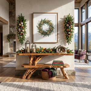 Organic Wooden Console Table Handmade Rustic Display Shelf