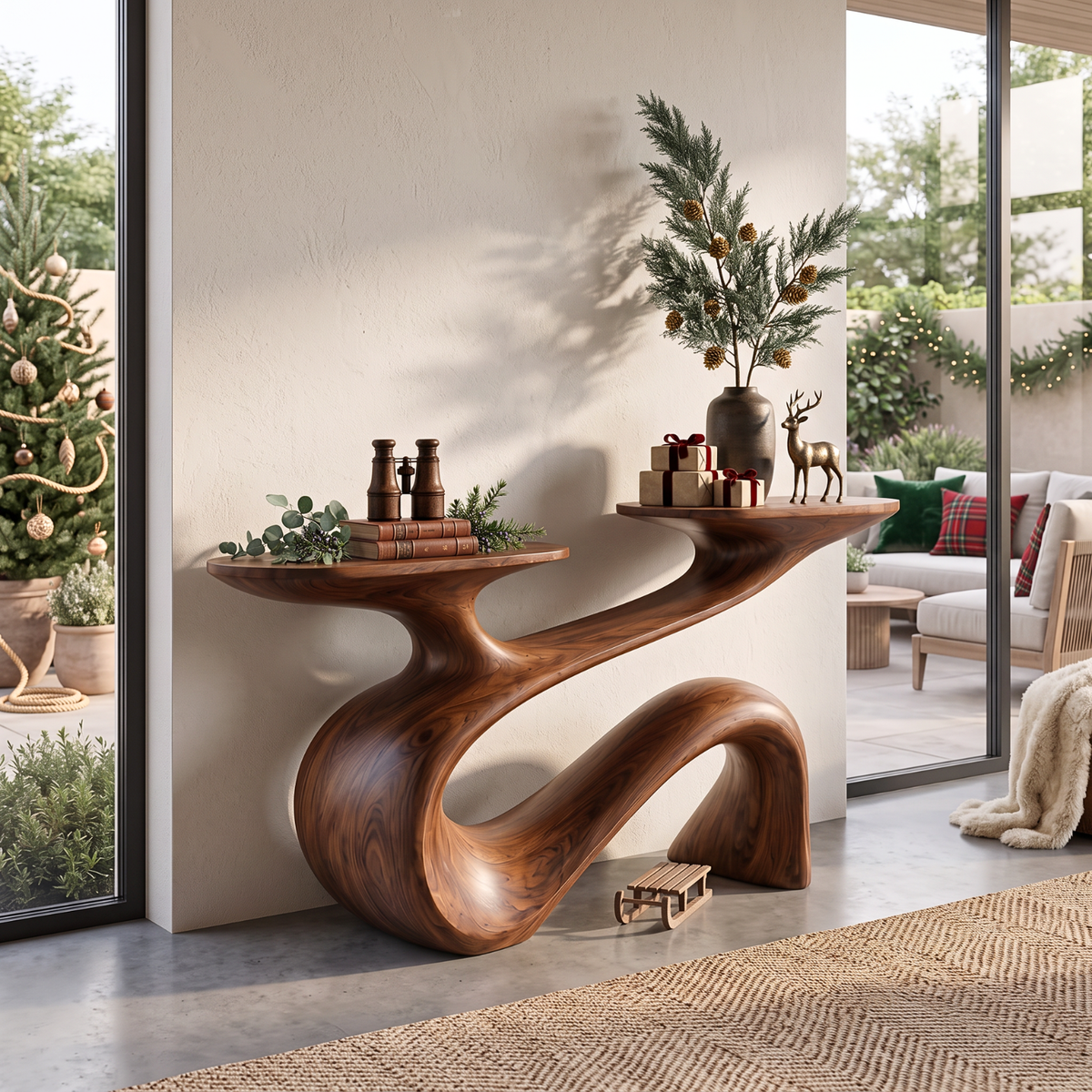 Console Table Solid Wood with Flowing Curved Base for Entryway Decor