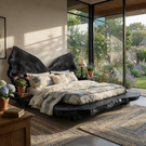 Sculptural Solid Wood Platform Bed with Natural Edge Headboard Form