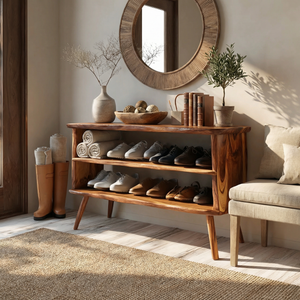 Handcrafted Solid Wood Shoe Rack Bench with Open Shelving for Entryway
