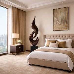 Tall Solid Wood Abstract Flame Floor Sculpture with Plinth for Modern Interiors