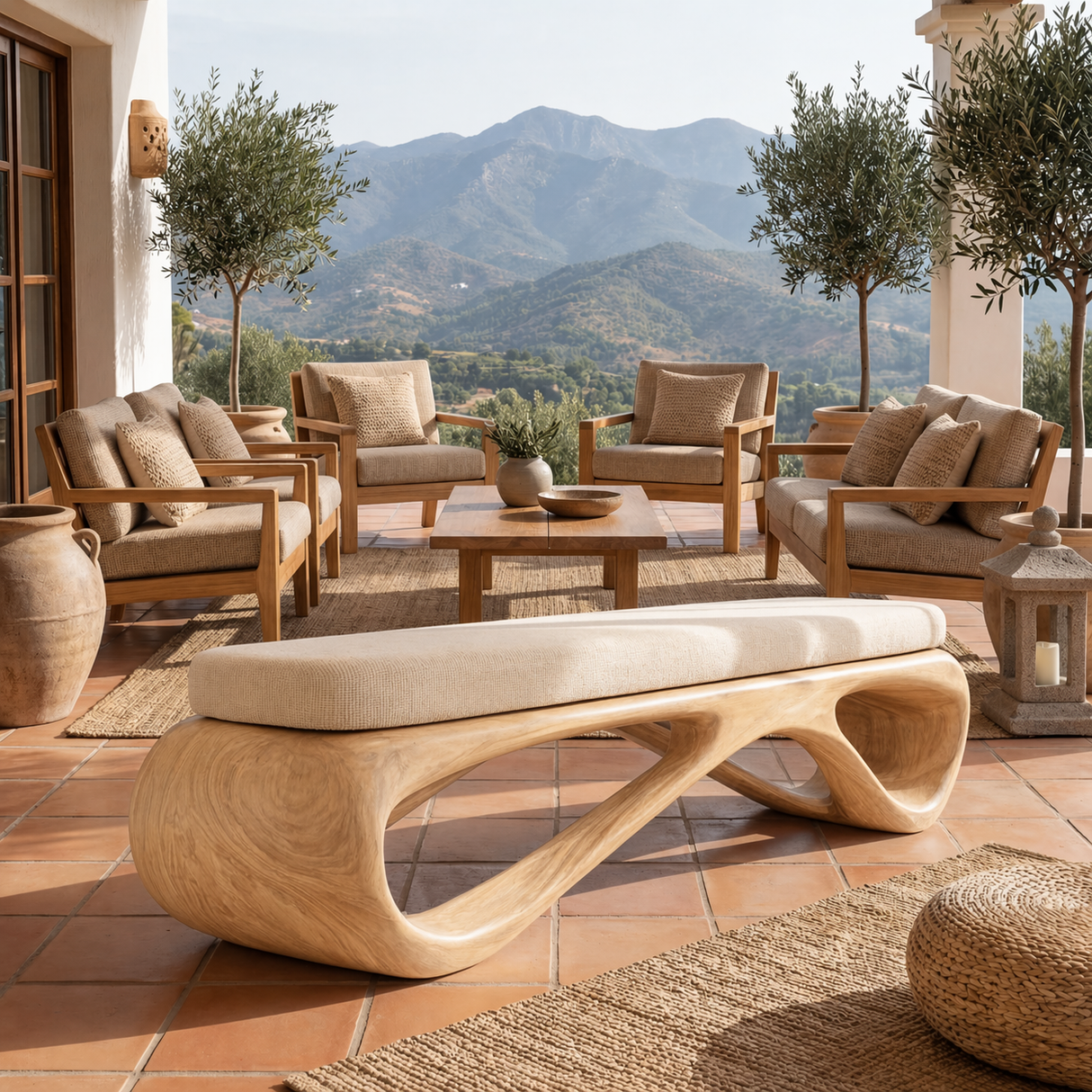 Sculptural Solid Wood Hallway Bench with Flowing Open Base