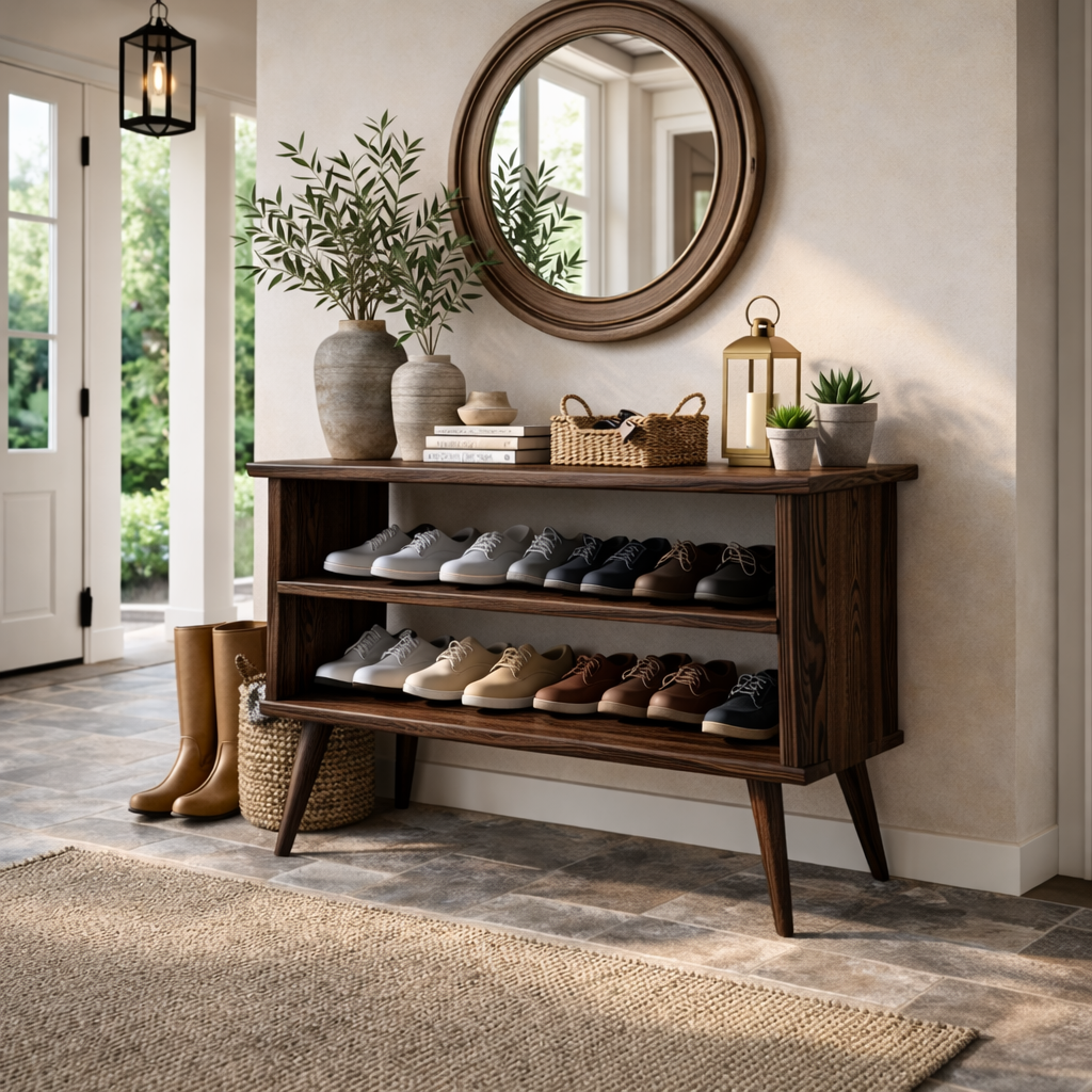 Handcrafted Solid Wood Shoe Rack Bench with Open Shelving for Entryway