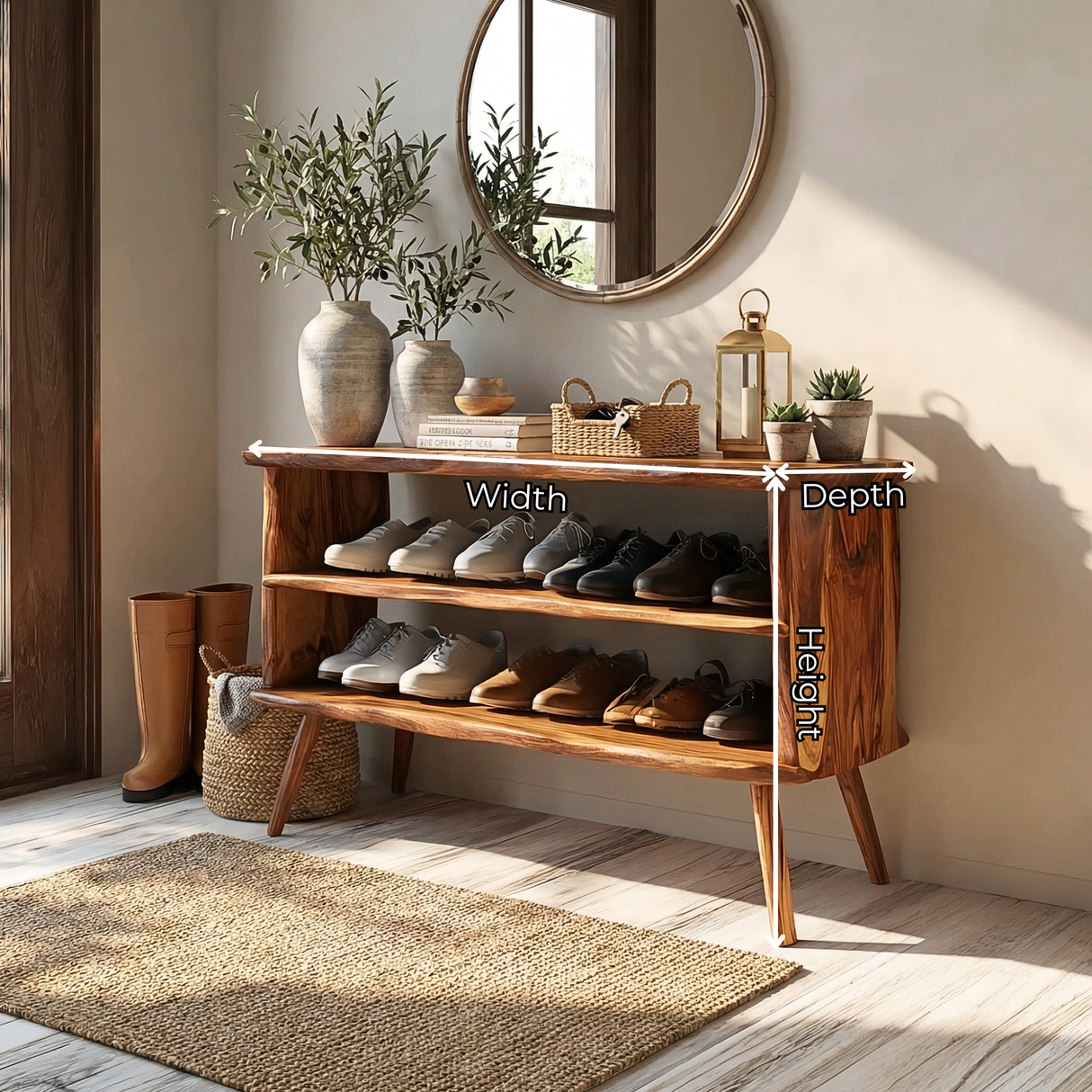 Handcrafted Solid Wood Shoe Rack Bench with Open Shelving for Entryway