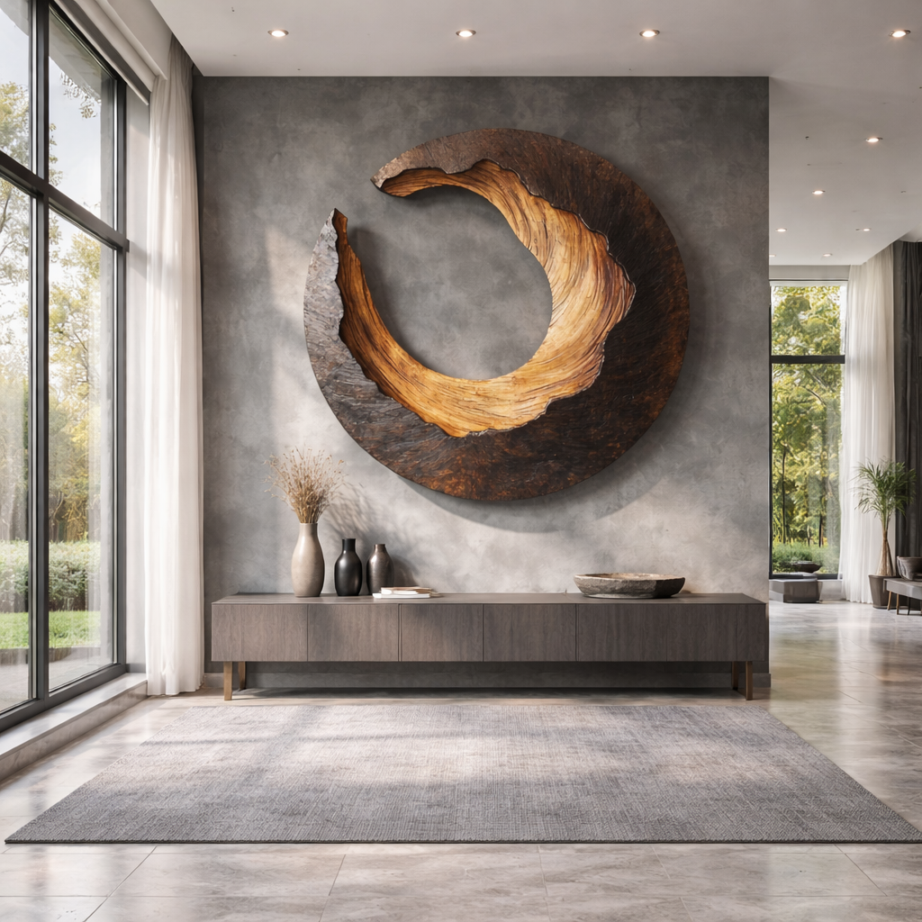 Large Solid Wood Crescent Circle Wall Sculpture for Modern Living Rooms