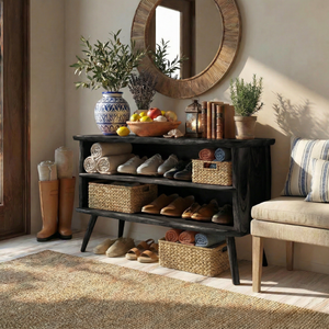 Handcrafted Solid Wood Shoe Rack Bench with Open Shelving for Entryway