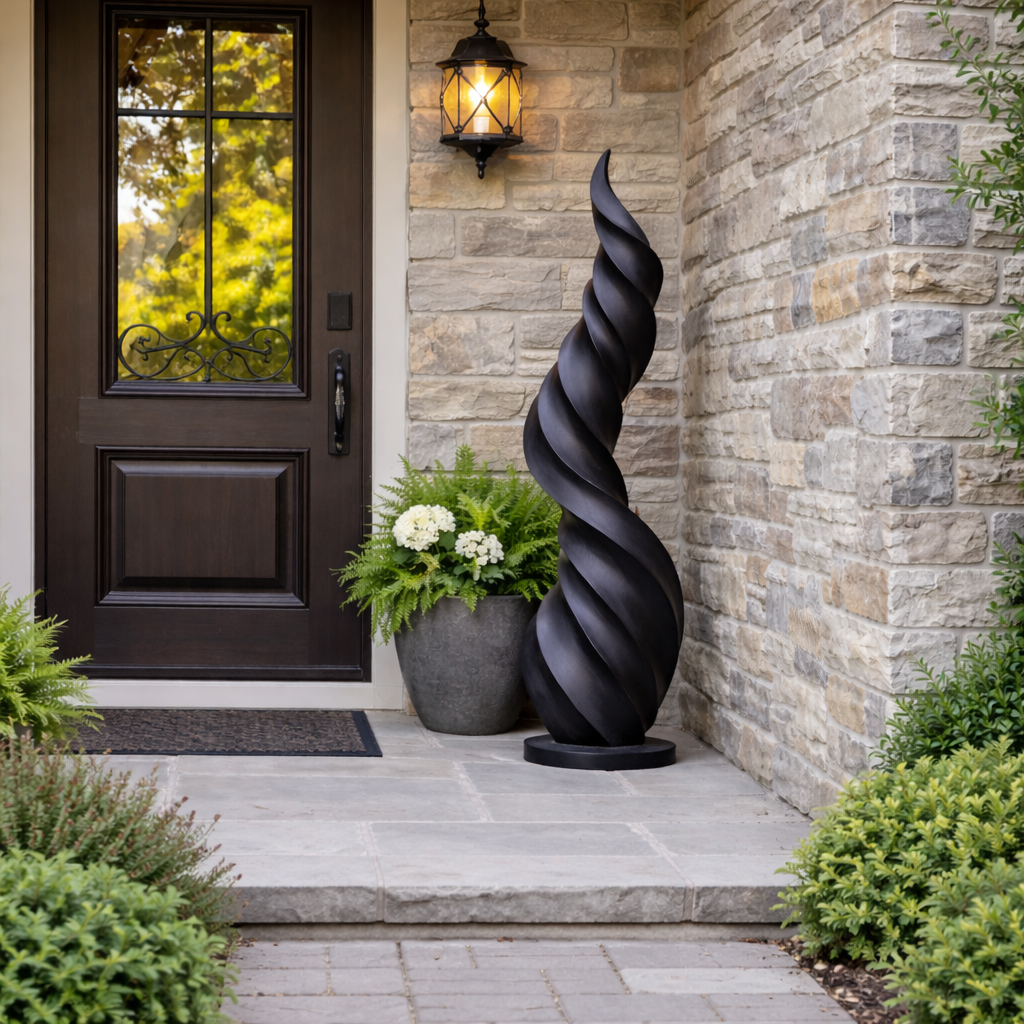 Tall Solid Wood Twisted Flame Sculpture for Entryways and Modern Spaces