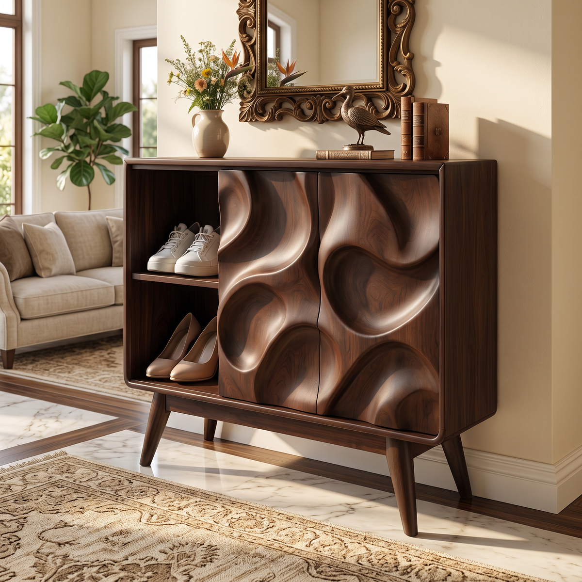 Handcrafted Solid Wood Shoe Cabinet with Sculptural Carved Doors and Open Side Shelves