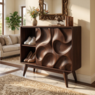 Handcrafted Solid Wood Shoe Cabinet with Sculptural Carved Doors and Open Side Shelves
