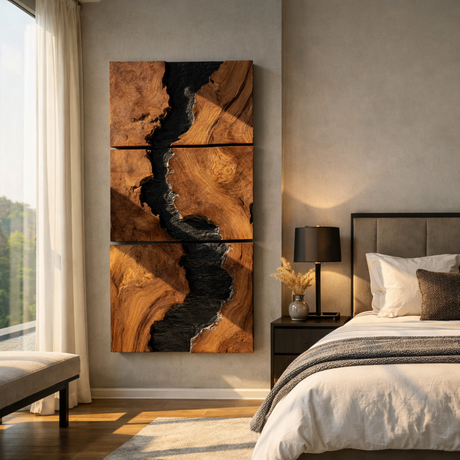 Large Solid Wood River Triptych Wall Sculpture for Modern Interiors