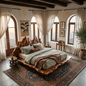 Handcrafted Solid Wood Sculptural Bed with Mountain-Inspired Headboard
