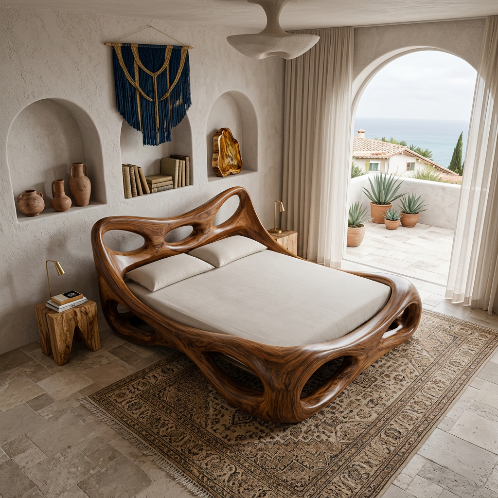 Handcrafted Solid Wood Organic Bed Frame with Sculptural Hollow Form Design
