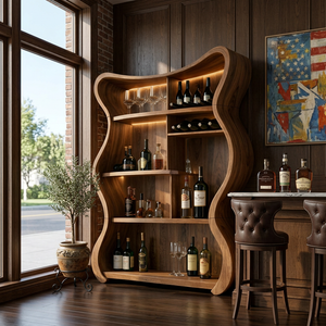 Handcrafted Solid Wood Wine Cabinet with Curved Open Shelves