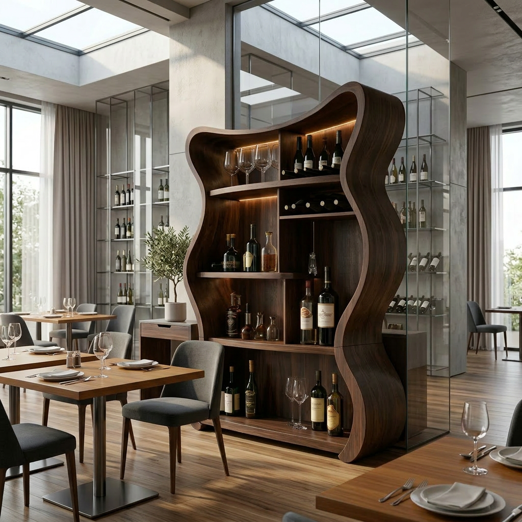 Handcrafted Solid Wood Wine Cabinet with Curved Open Shelves