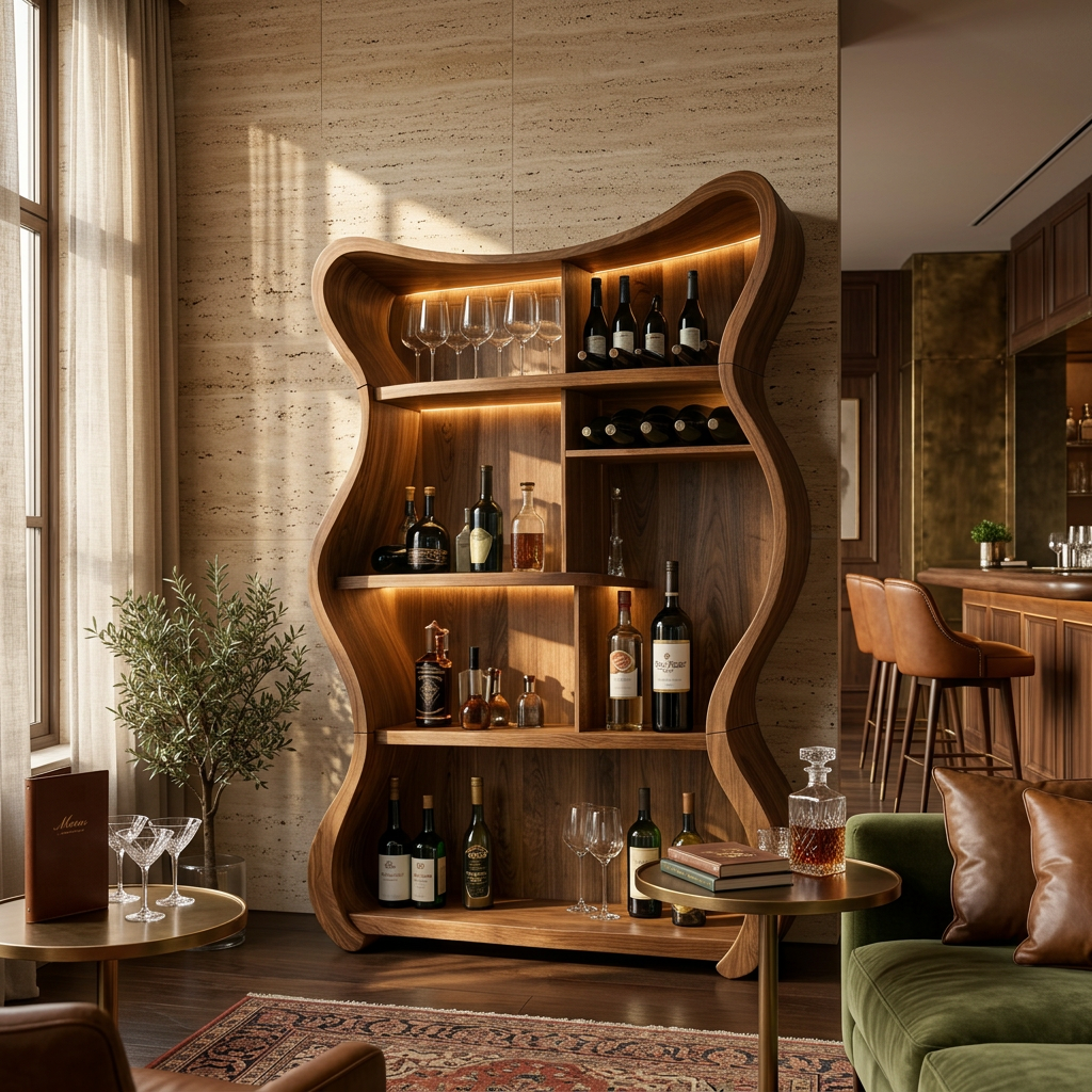 Handcrafted Solid Wood Wine Cabinet with Curved Open Shelves