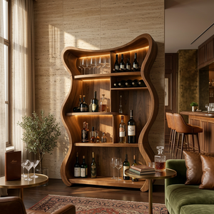 Handcrafted Solid Wood Wine Cabinet with Curved Open Shelves