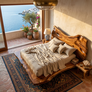 Natural Edge Solid Wood Bed with Sculpted Wave Headboard Design