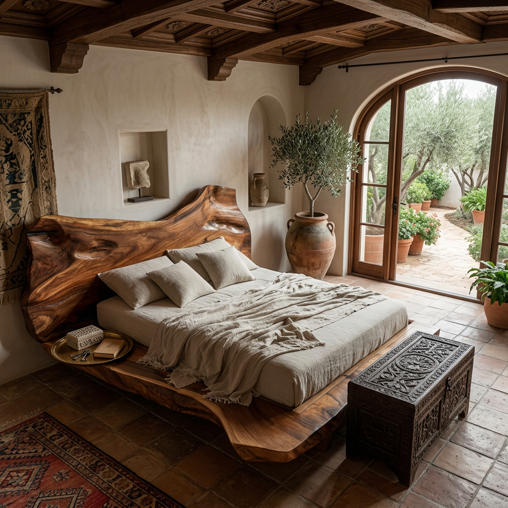 Natural Edge Solid Wood Bed with Sculpted Wave Headboard Design