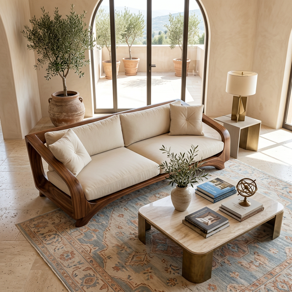 Solid Wood Sofa with Open Curved Arm Frame for Reading Room and Library Lounge