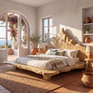 Handcrafted Solid Wood Platform Bed with Natural Live Edge and Sculptural Headboard