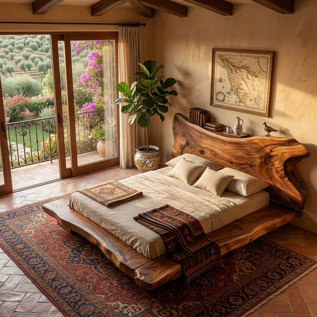 Solid Wood Sculptural Bed with Freeform Live Edge Headboard and Platform Base