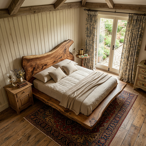 Solid Wood Sculptural Bed with Freeform Live Edge Headboard and Platform Base