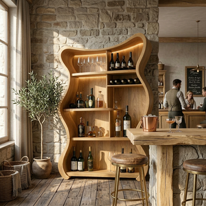 Handcrafted Solid Wood Wine Cabinet with Curved Open Shelves