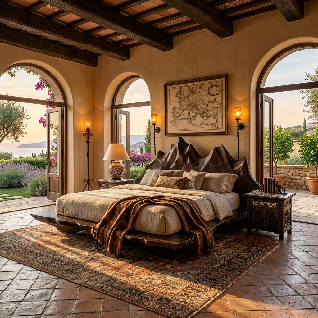 Handcrafted Solid Wood Sculptural Bed with Mountain-Inspired Headboard